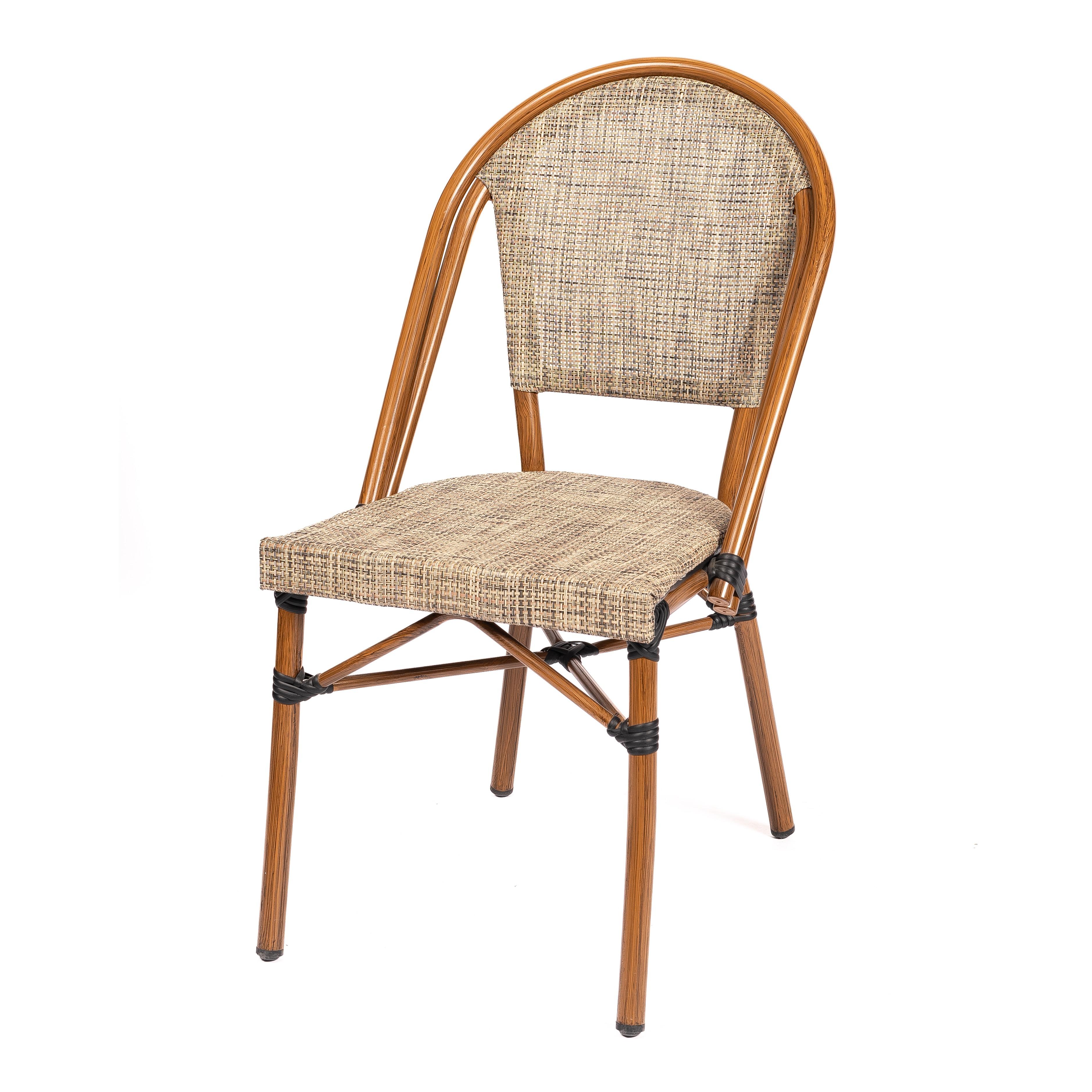 ANCONA | Outdoor bistro chair – French style – beige poly rattan with metal frame in wood look – suitable for hotel, restaurant, café, terrace, garden and balcony