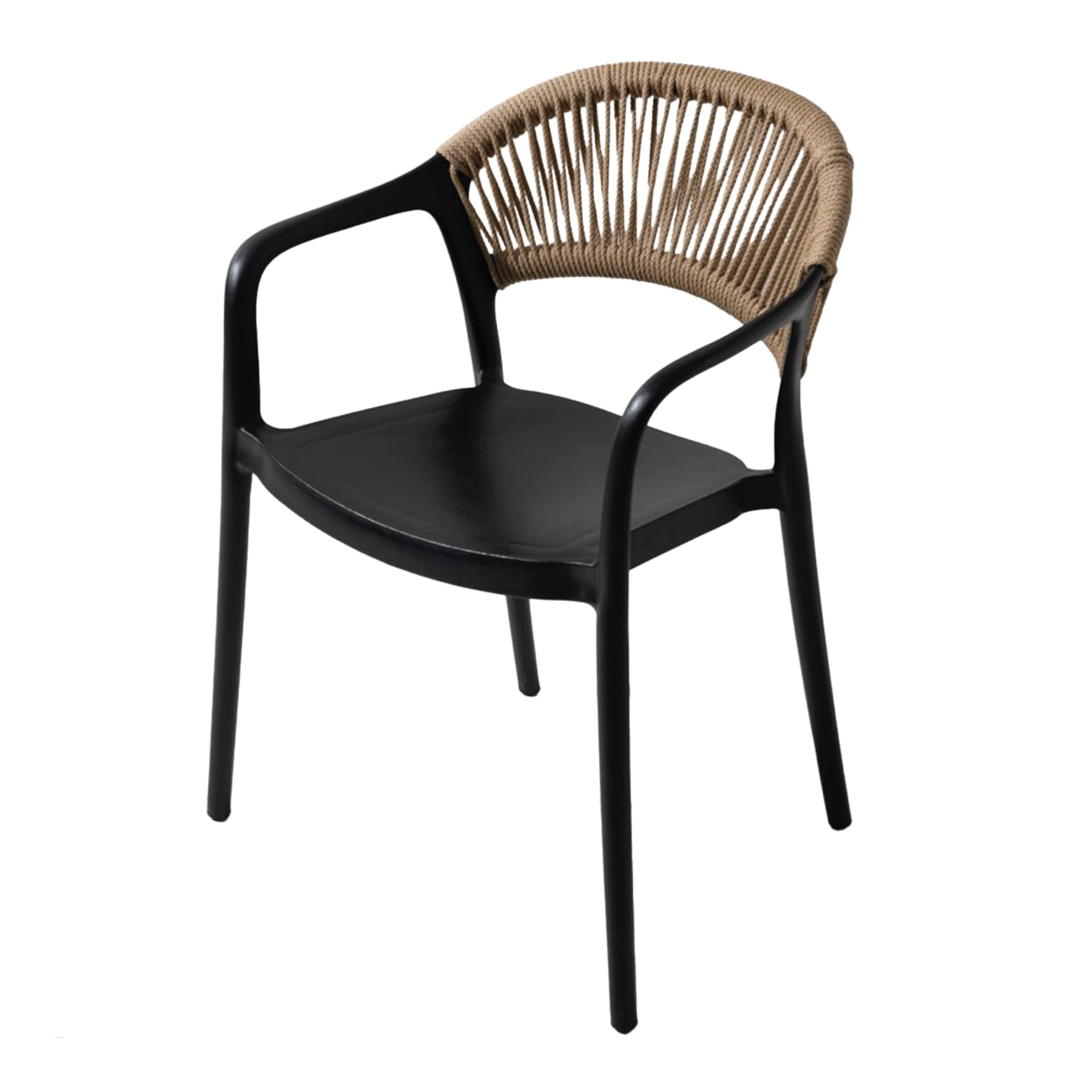 Chaise noire moderne en plastique avec dossier en cordes tressées – durable, confortable et idéale pour terrasse, HORECA et espaces extérieurs