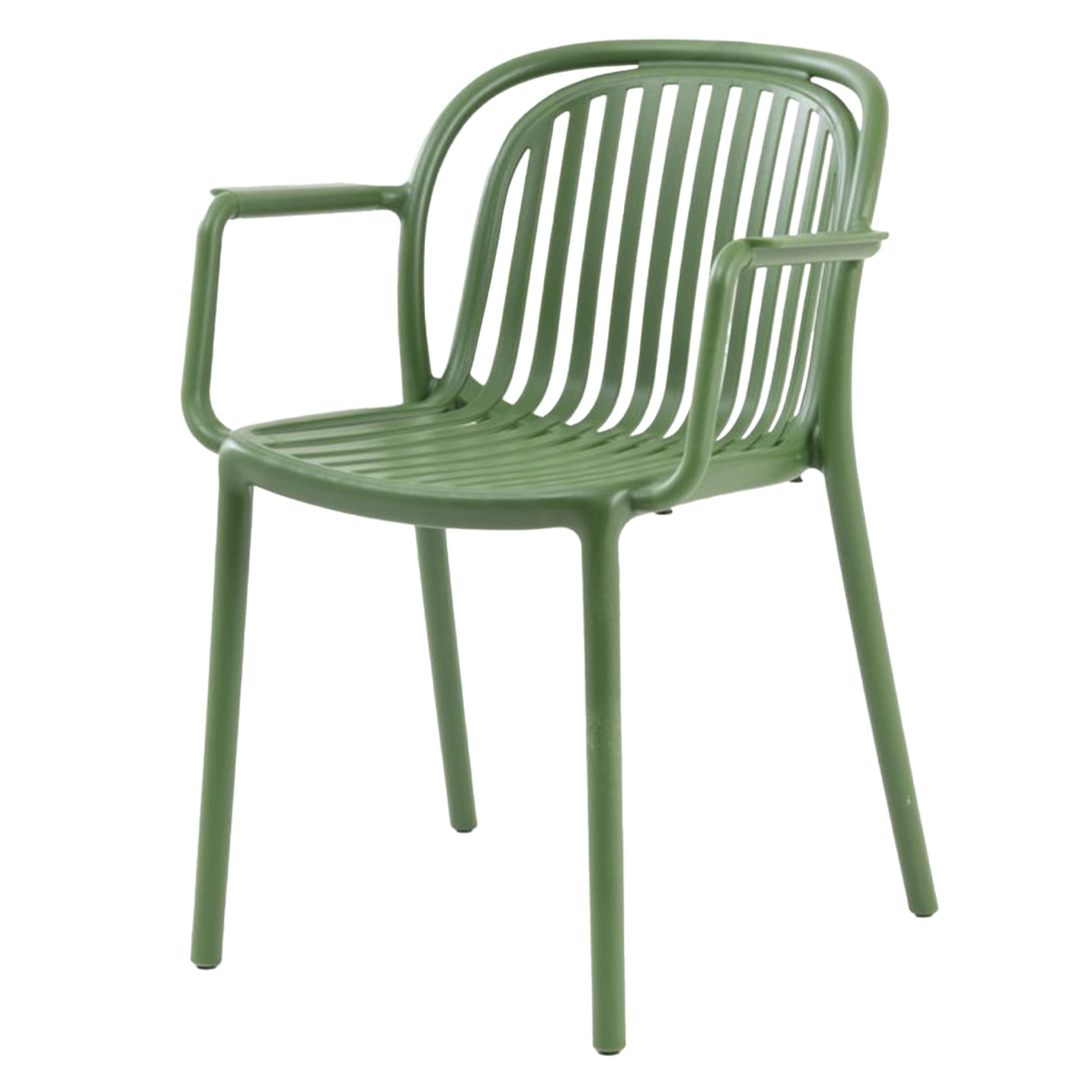 Chaise vert foncé moderne en plastique avec accoudoirs pour extérieur – empilable, durable et idéale pour terrasse, HORECA et espaces extérieurs