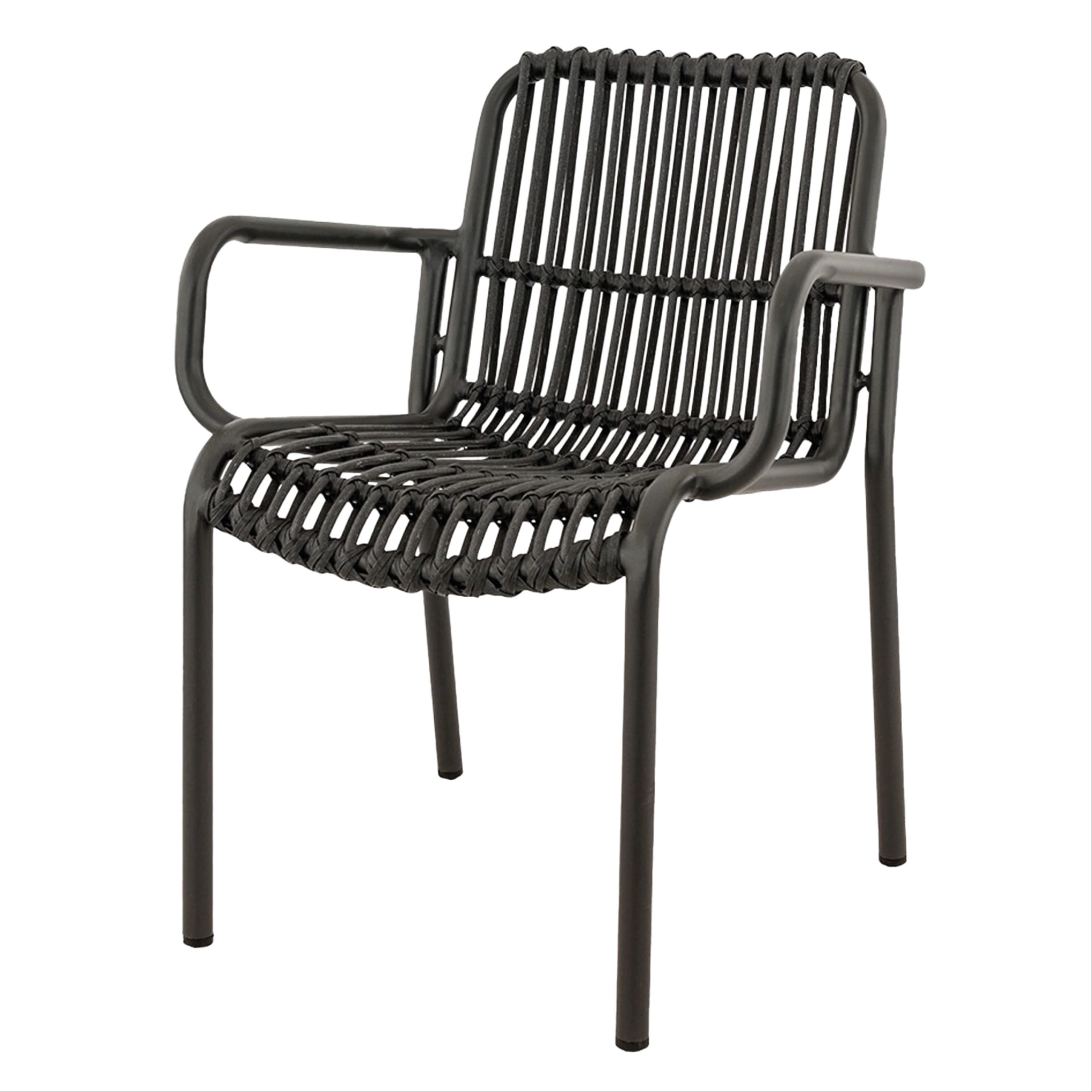 Chaise noire moderne avec assise et dossier en cordes tressées, équipée d’accoudoirs – durable, confortable et idéale pour terrasse, HORECA et espaces extérieurs