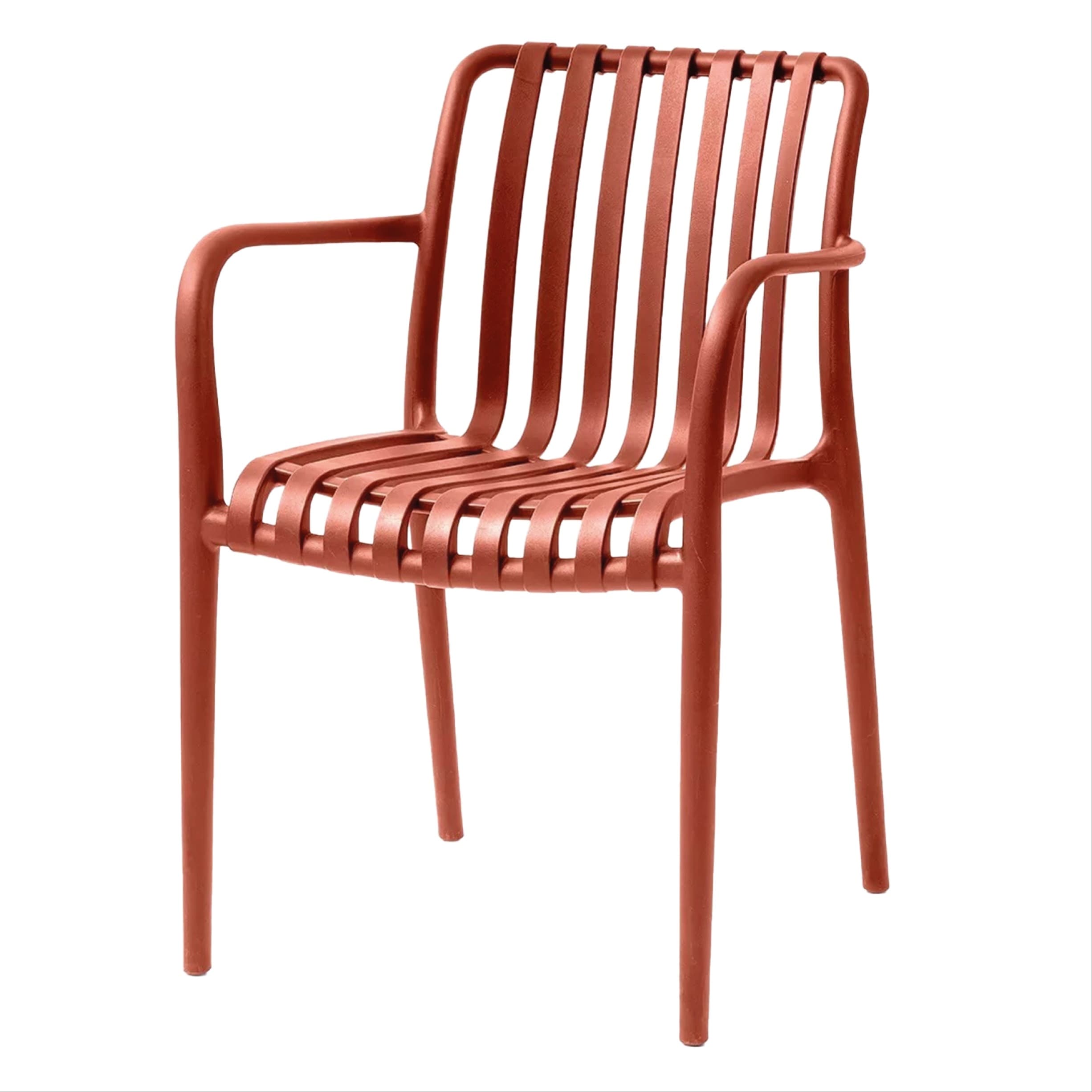 Modern red plastic chair with armrests for outdoor use – stackable, durable and ideal for terrace, HORECA and garden spaces