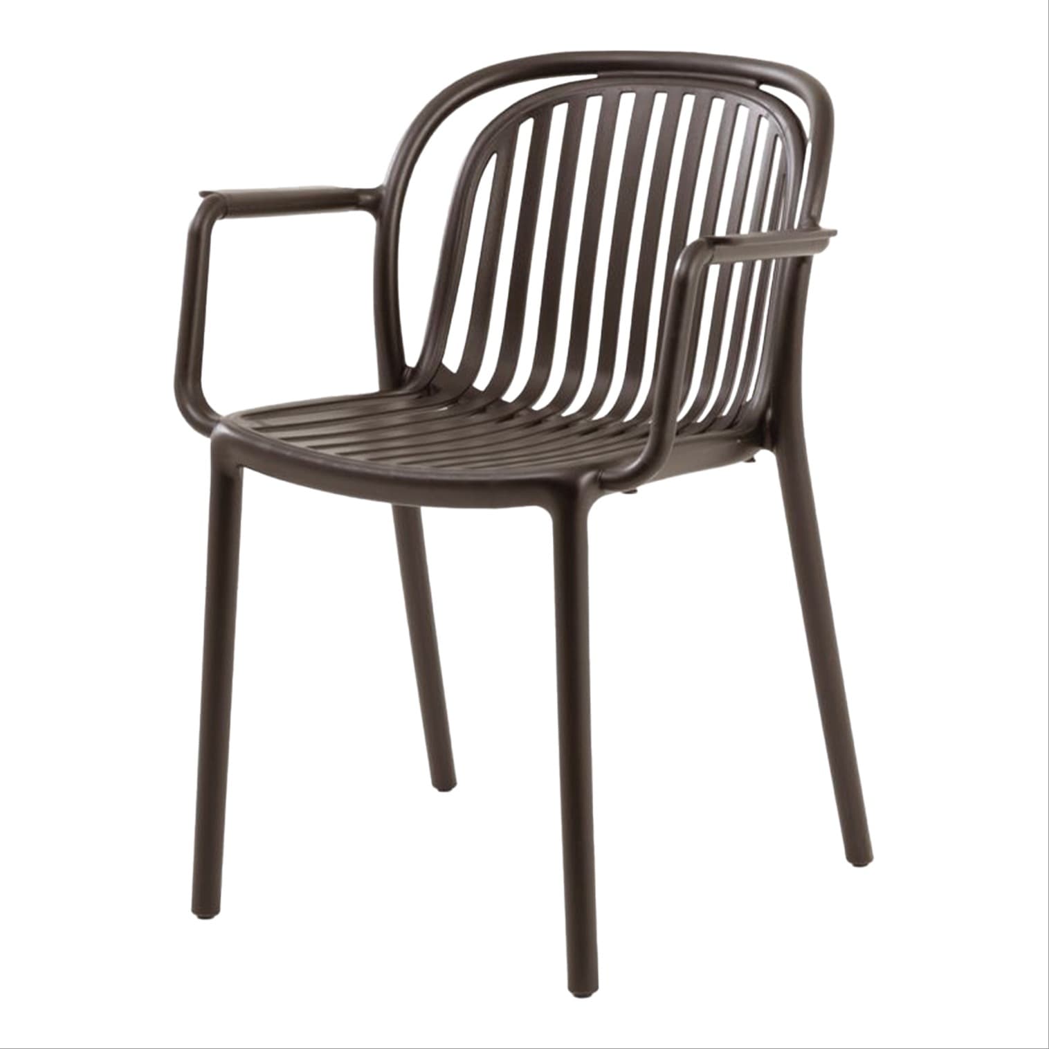 Chaise brune moderne en plastique avec accoudoirs pour extérieur – empilable, durable et idéale pour terrasse, HORECA et espaces extérieurs