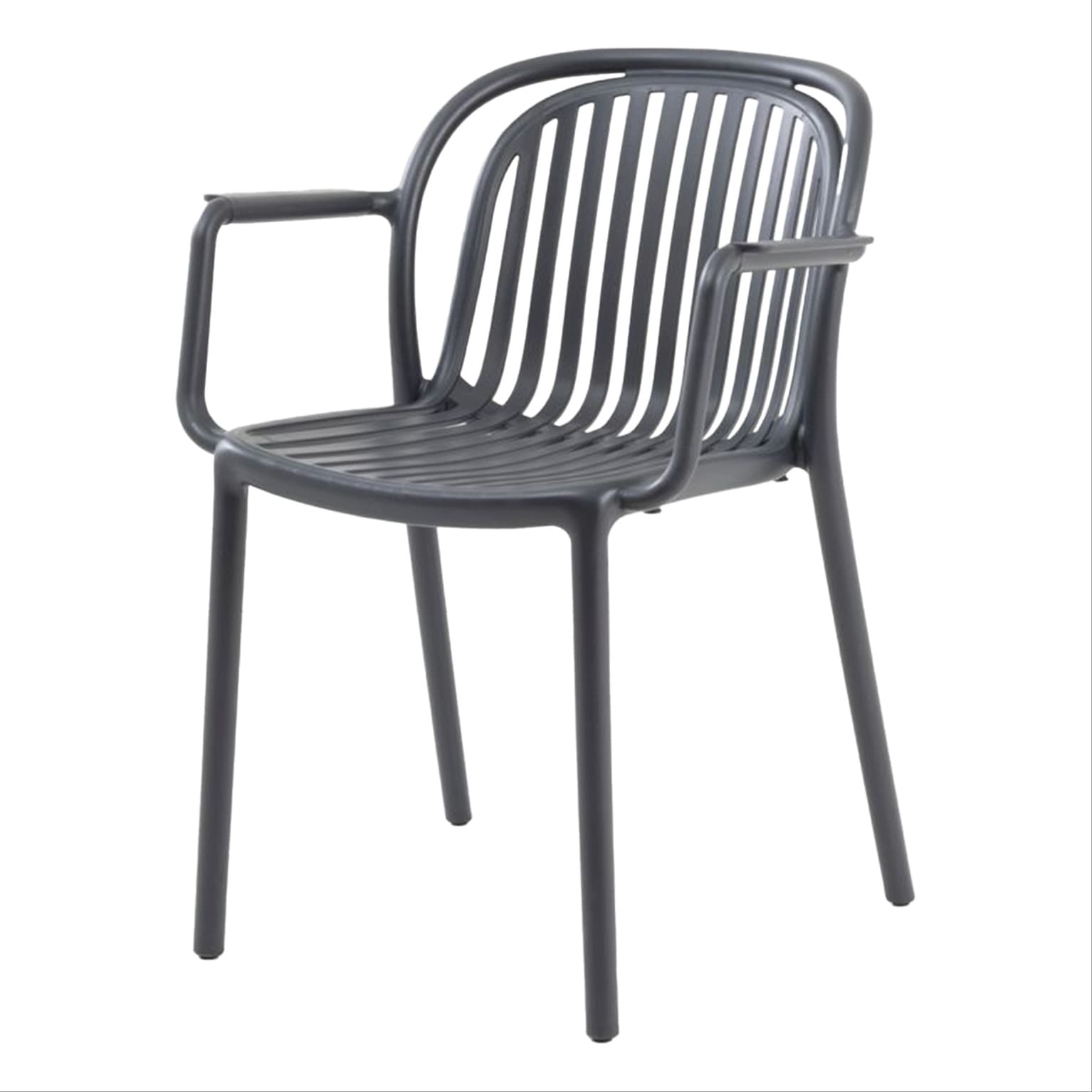 Chaise grise moderne en plastique avec accoudoirs pour extérieur – empilable, durable et idéale pour terrasse, HORECA et espaces extérieurs