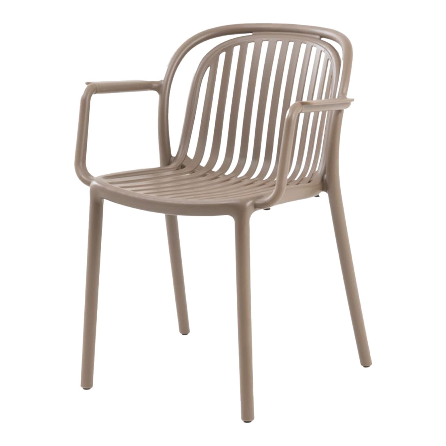 Chaise beige foncé moderne en plastique avec accoudoirs pour extérieur – empilable, durable et idéale pour terrasse, HORECA et espaces extérieurs