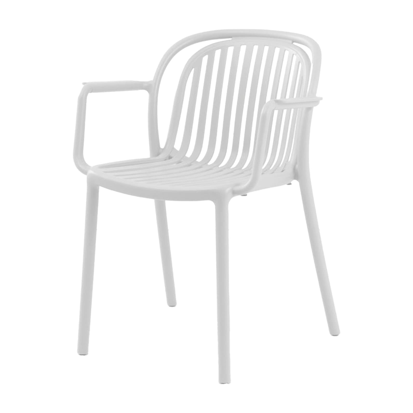 Chaise blanche moderne en plastique avec accoudoirs pour extérieur – empilable, durable et idéale pour terrasse, HORECA et espaces extérieurs