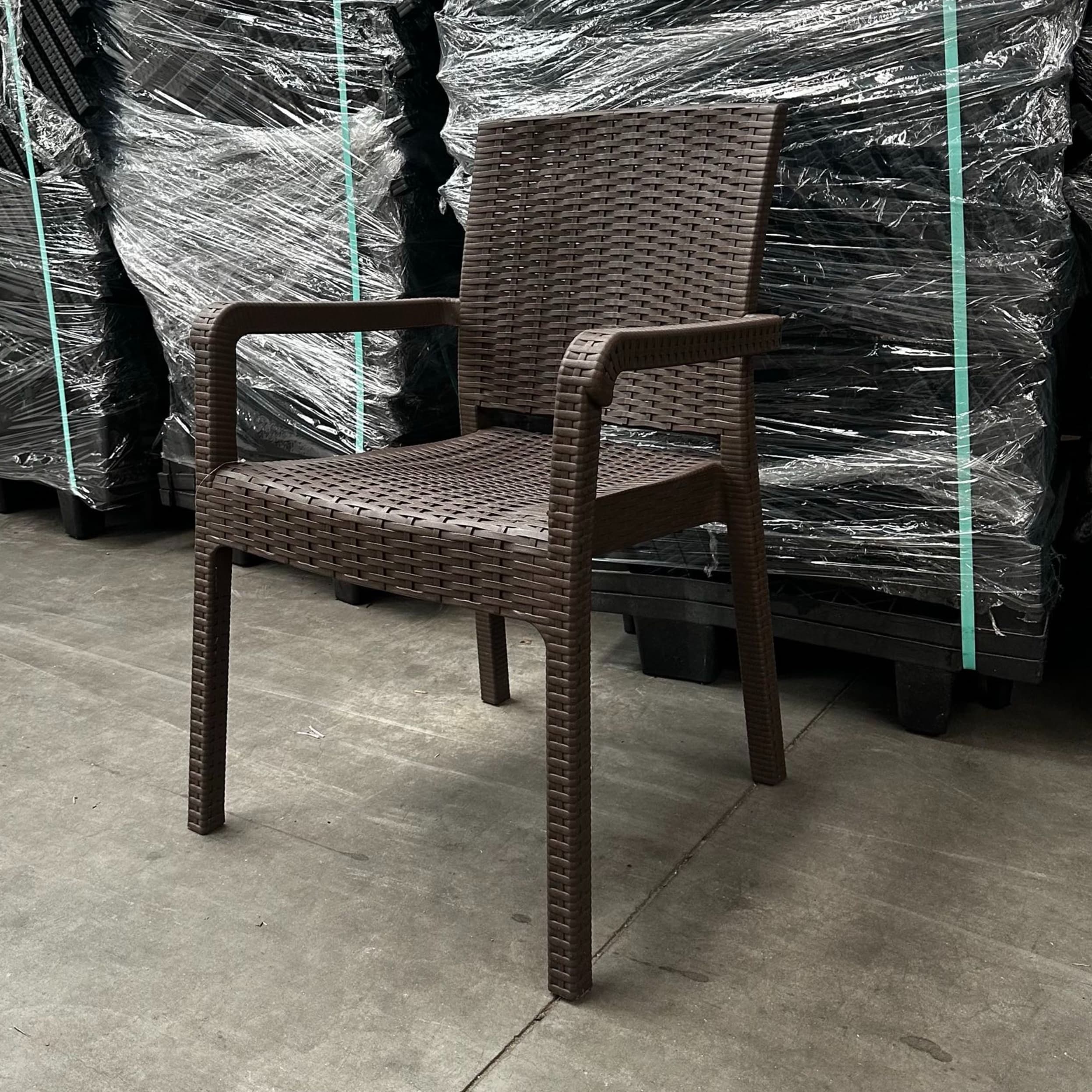 ALEZZO | Brown stackable outdoor terrace chair in woven‑look plastic – with armrests