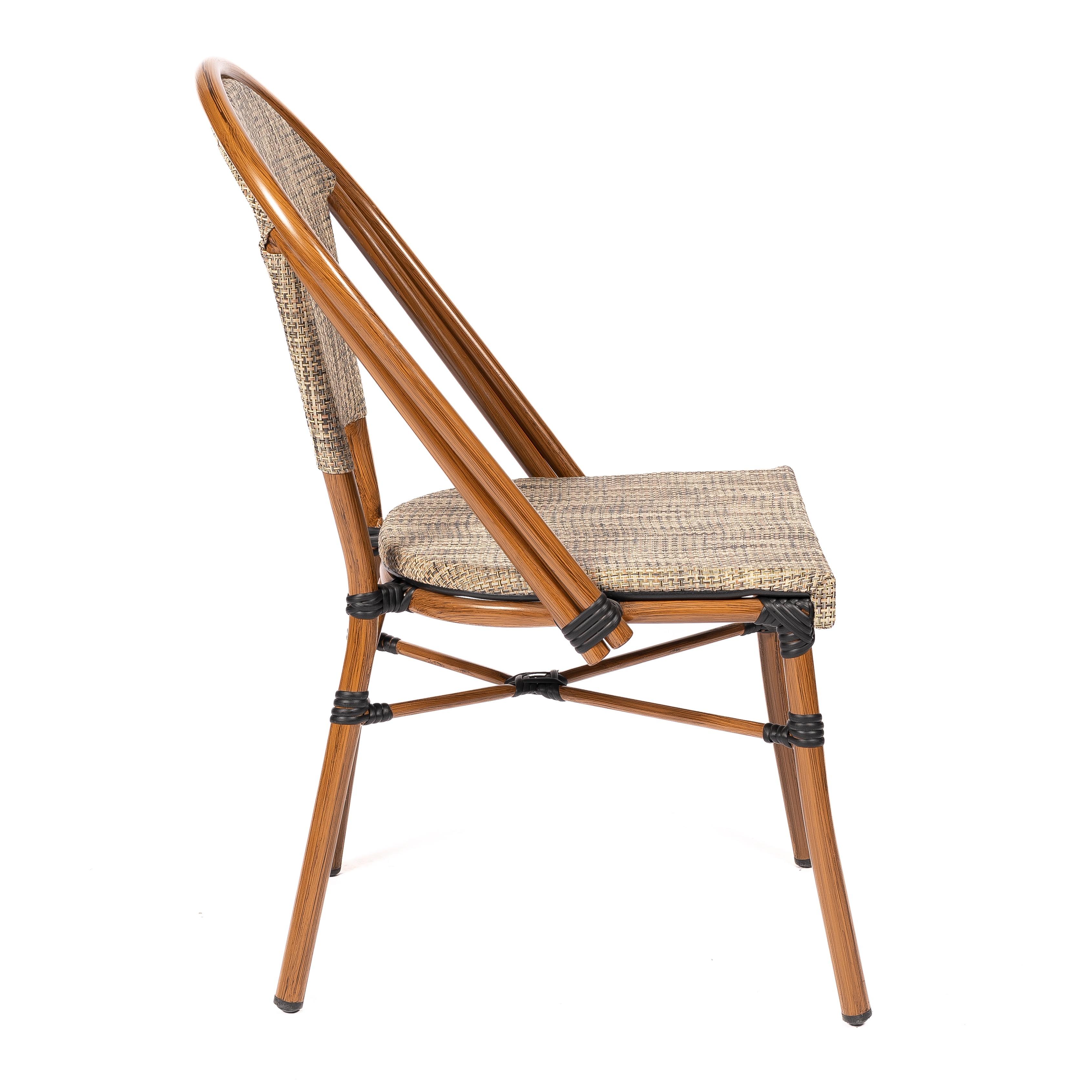 ANCONA | Outdoor bistro chair – French style – beige poly rattan with metal frame in wood look – suitable for hotel, restaurant, café, terrace, garden and balcony