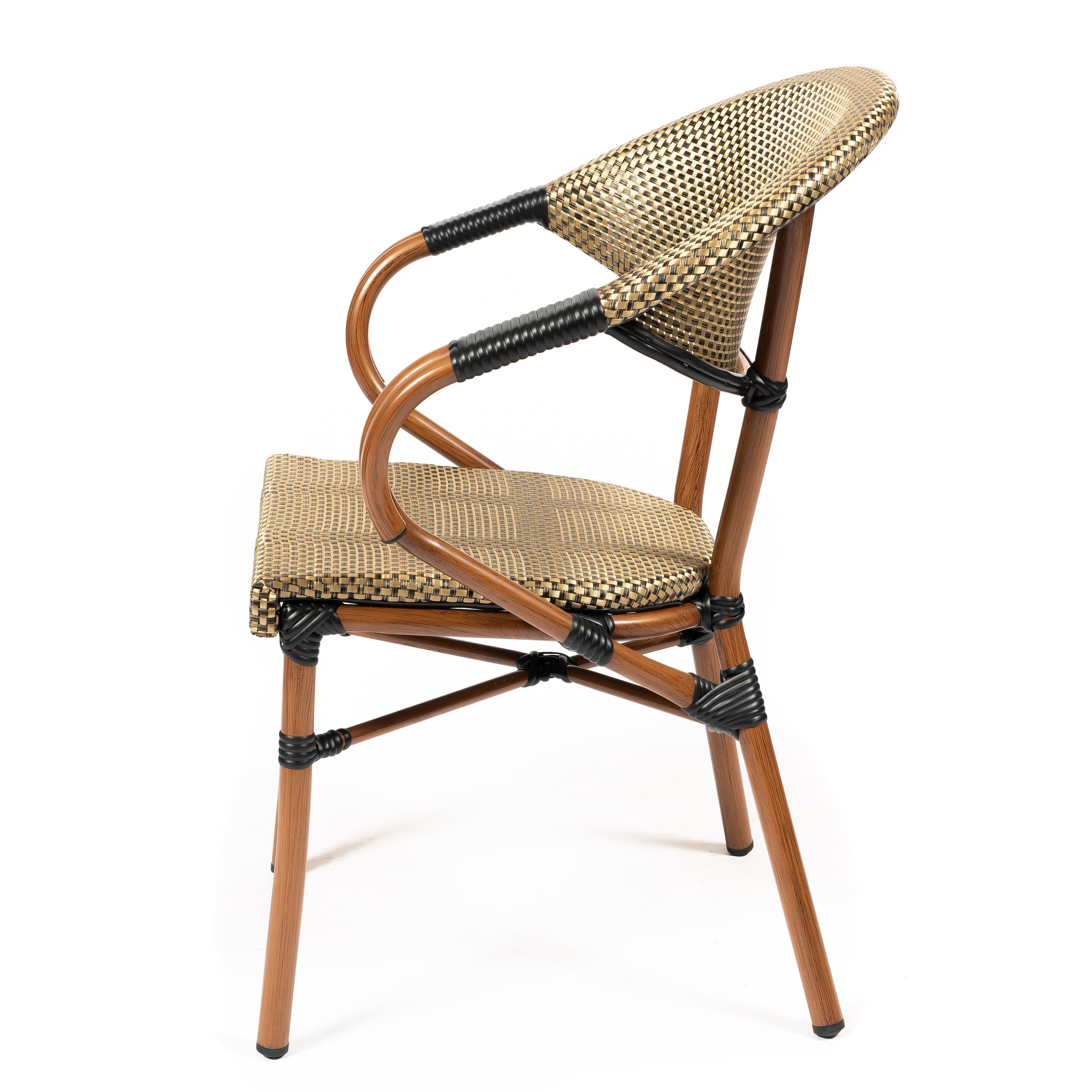 ORLEANS | Outdoor bistro chair – golden poly‑rattan with wood‑look metal frame – stackable – suitable for hotel, restaurant, café, terrace, garden and balcony