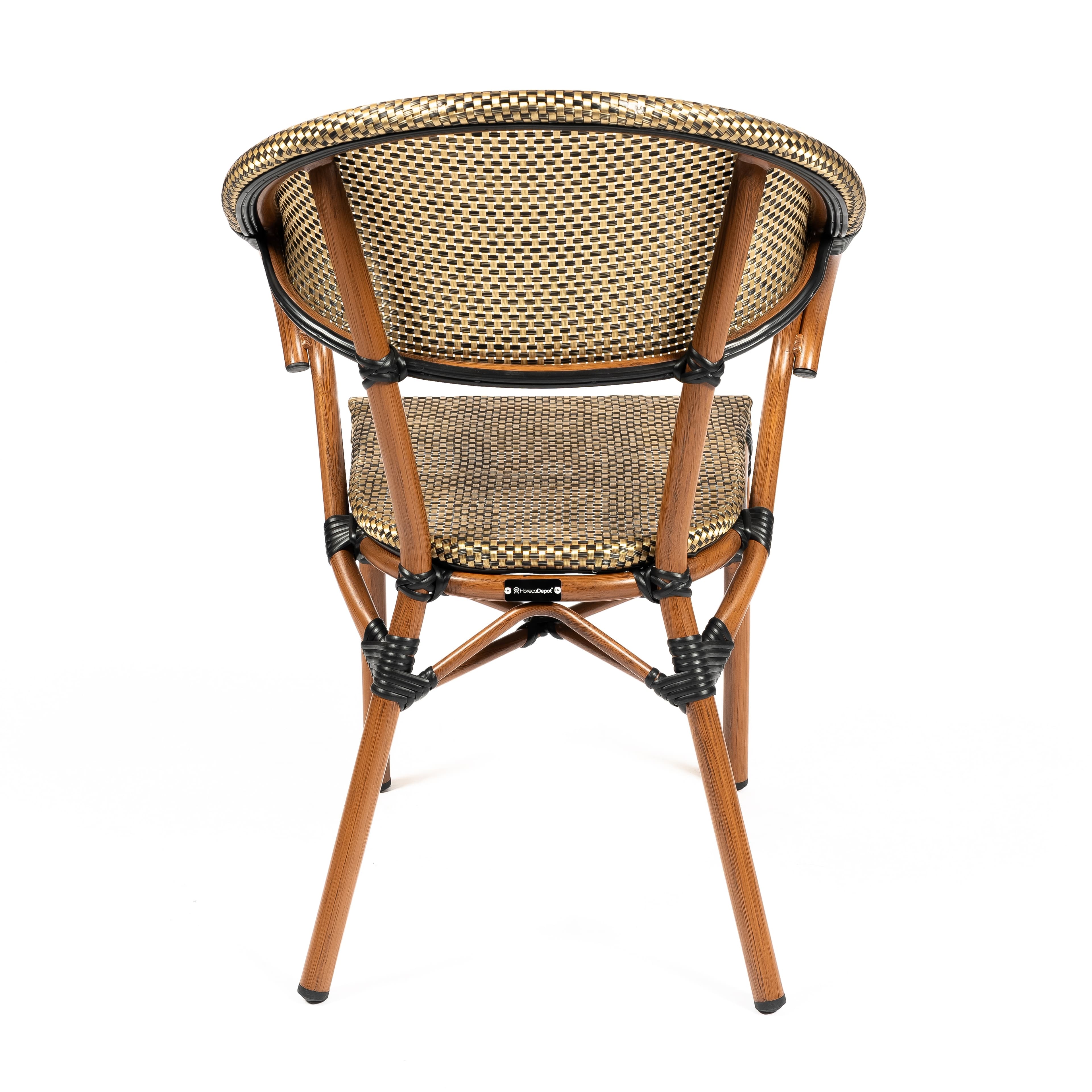 ORLEANS | Outdoor bistro chair – golden poly‑rattan with wood‑look metal frame – stackable – suitable for hotel, restaurant, café, terrace, garden and balcony