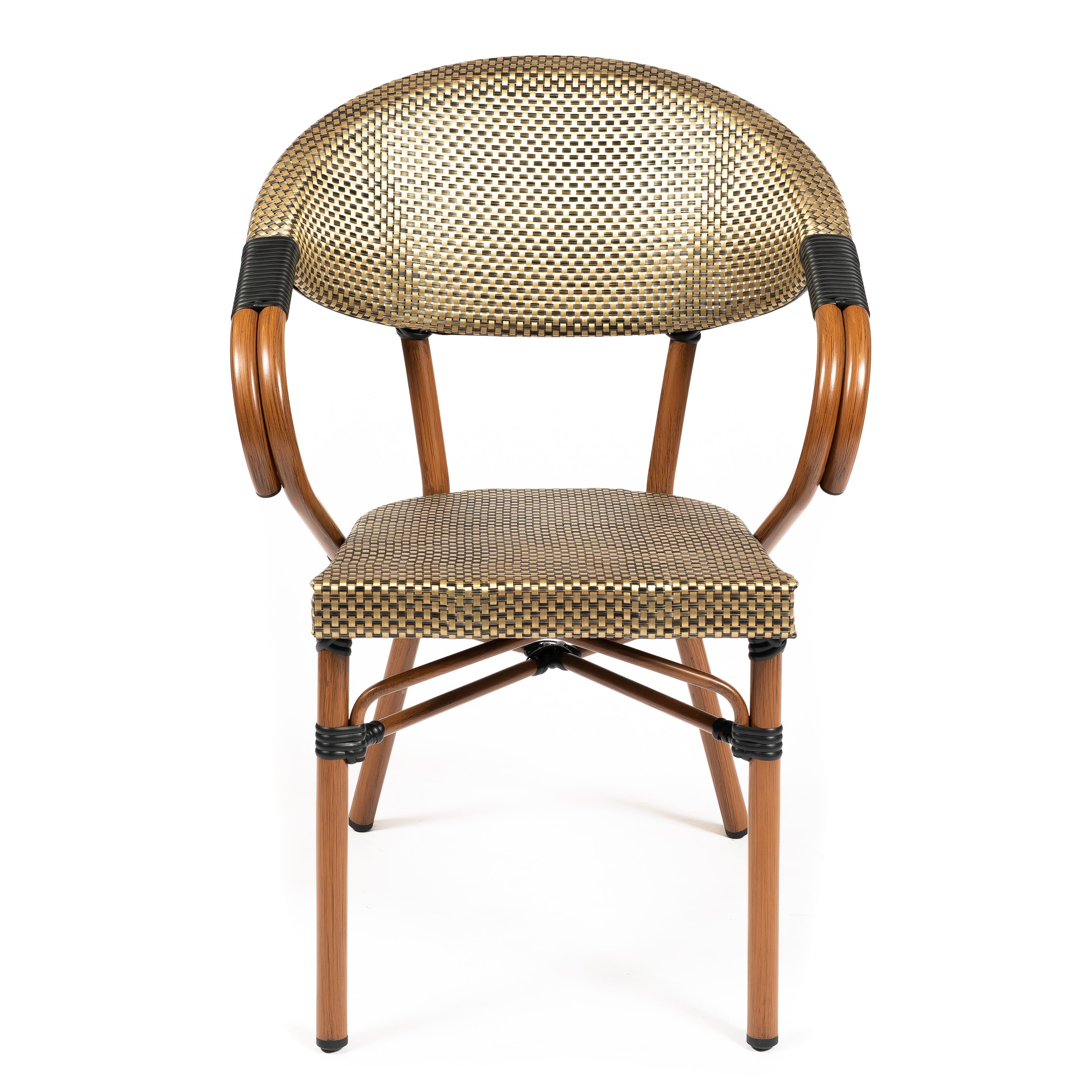 ORLEANS | Outdoor bistro chair – golden poly‑rattan with wood‑look metal frame – stackable – suitable for hotel, restaurant, café, terrace, garden and balcony