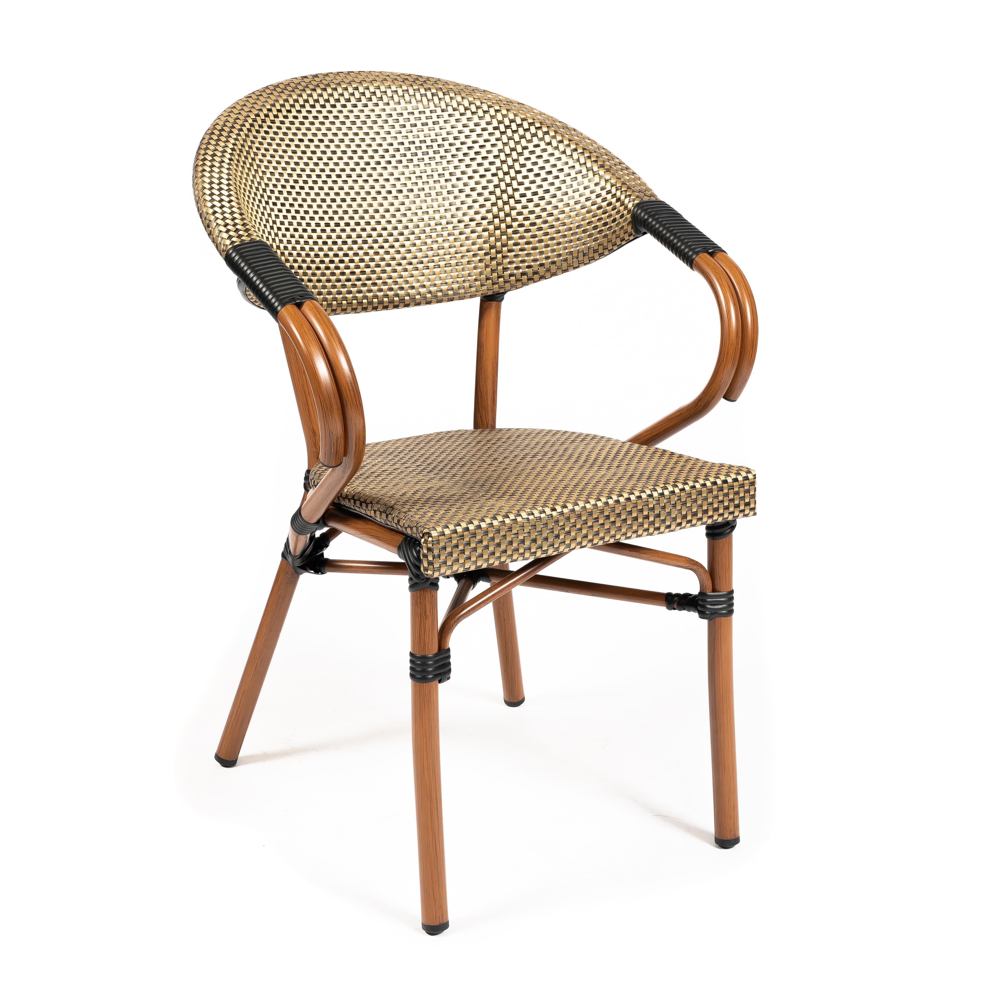ORLEANS | Outdoor bistro chair – golden poly‑rattan with wood‑look metal frame – stackable – suitable for hotel, restaurant, café, terrace, garden and balcony