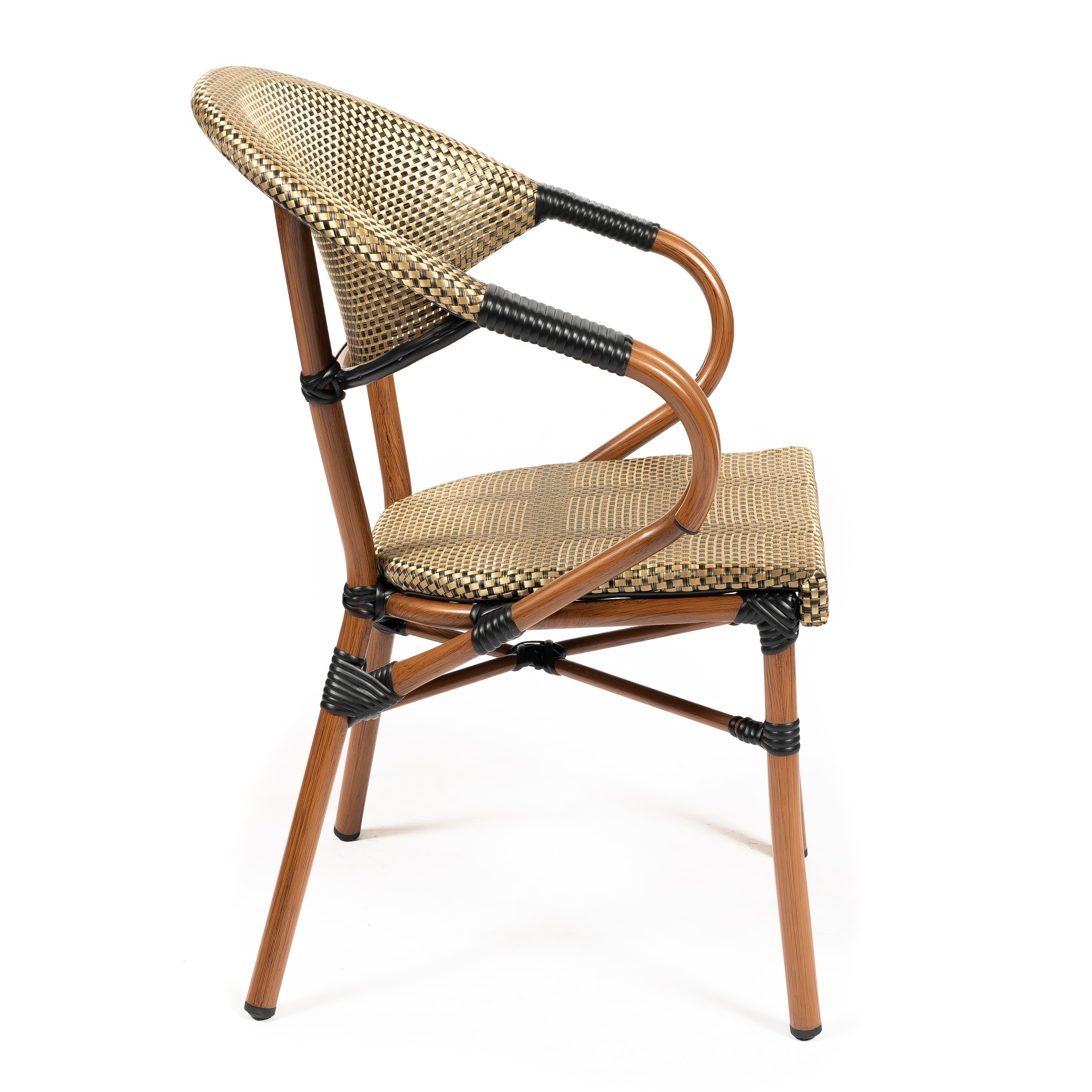 ORLEANS | Outdoor bistro chair – golden poly‑rattan with wood‑look metal frame – stackable – suitable for hotel, restaurant, café, terrace, garden and balcony