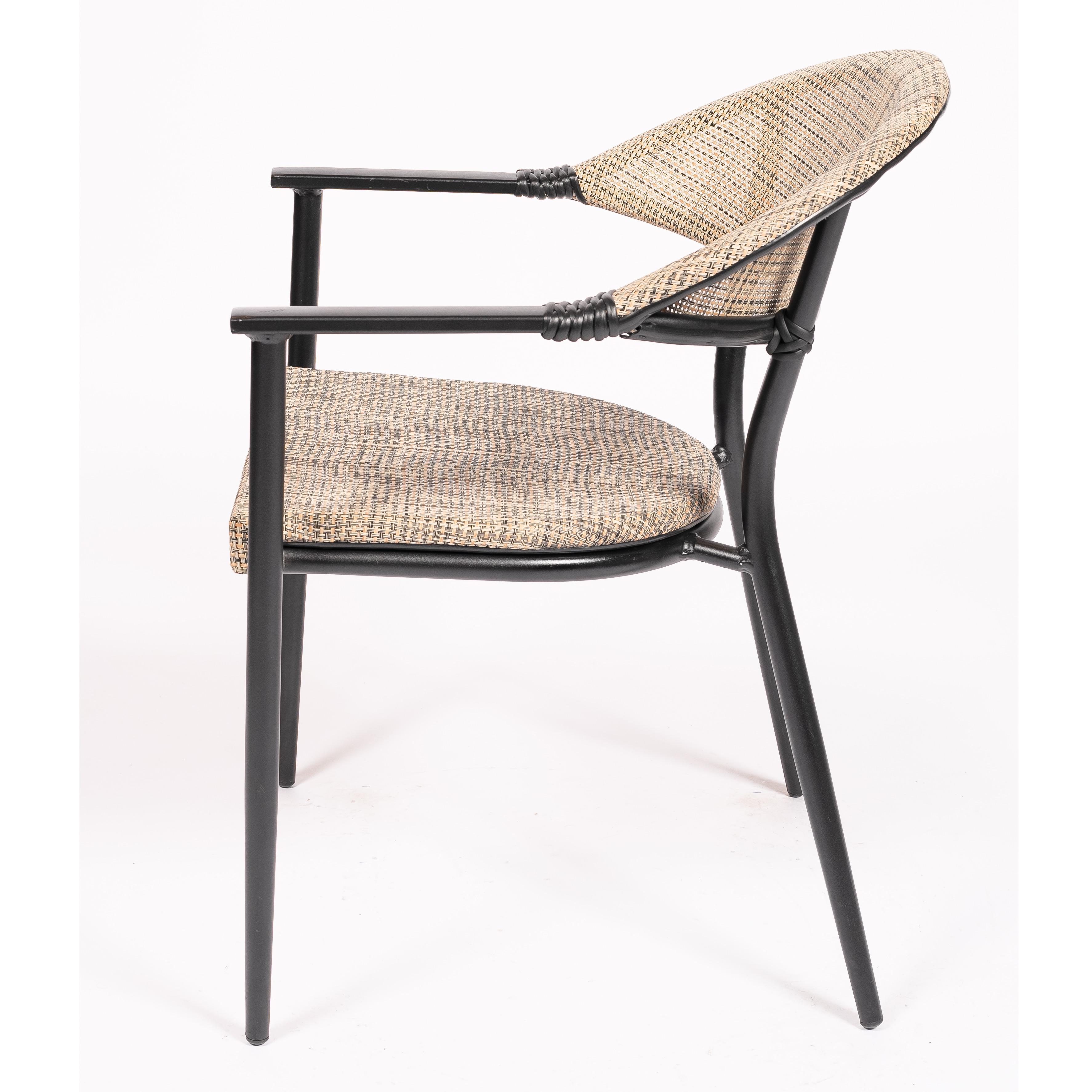 PESARO PESARO | Outdoor Chair in Beige Woven Synthetic Rattan with Armrests – Black Metal Frame – Stackable – Perfect for Garden, Terrace, Café & Restaurant