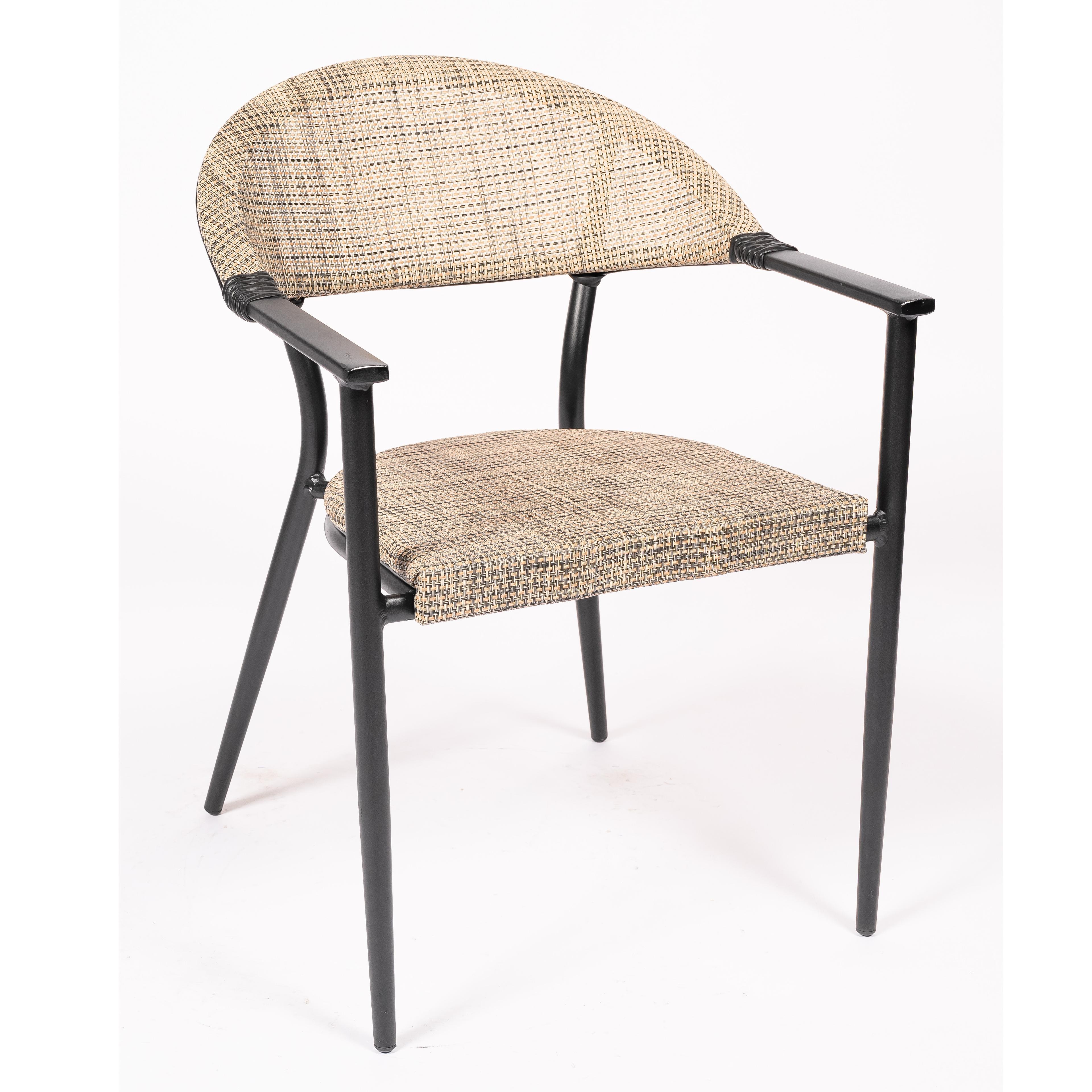 PESARO | Outdoor-Stuhl aus Beigem Geflochtenem Polyrattan mit Armlehnen – Schwarzes Metallgestell – Stapelbar – Ideal für Garten, Terrasse, Café & Restaurant