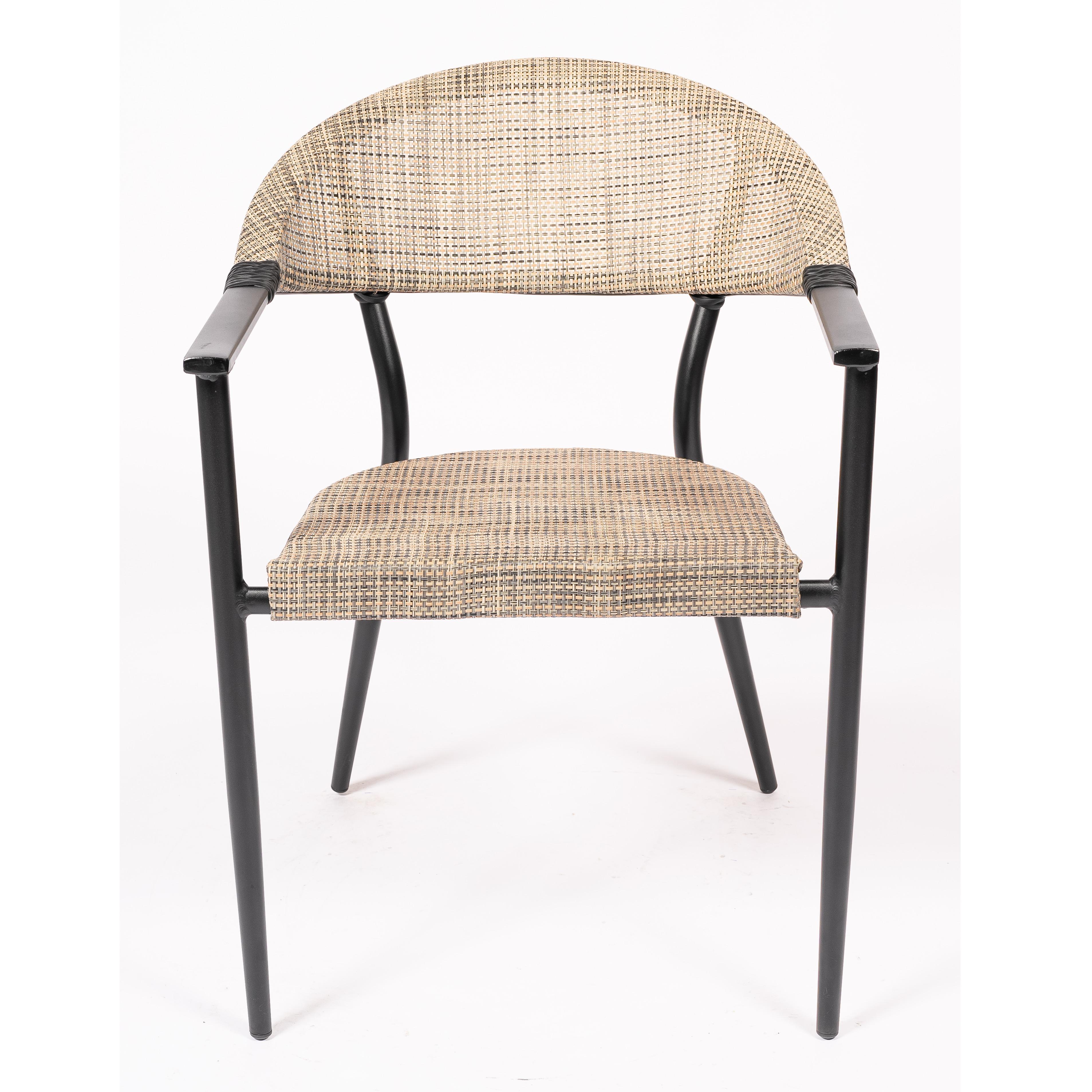 PESARO PESARO | Outdoor Chair in Beige Woven Synthetic Rattan with Armrests – Black Metal Frame – Stackable – Perfect for Garden, Terrace, Café & Restaurant