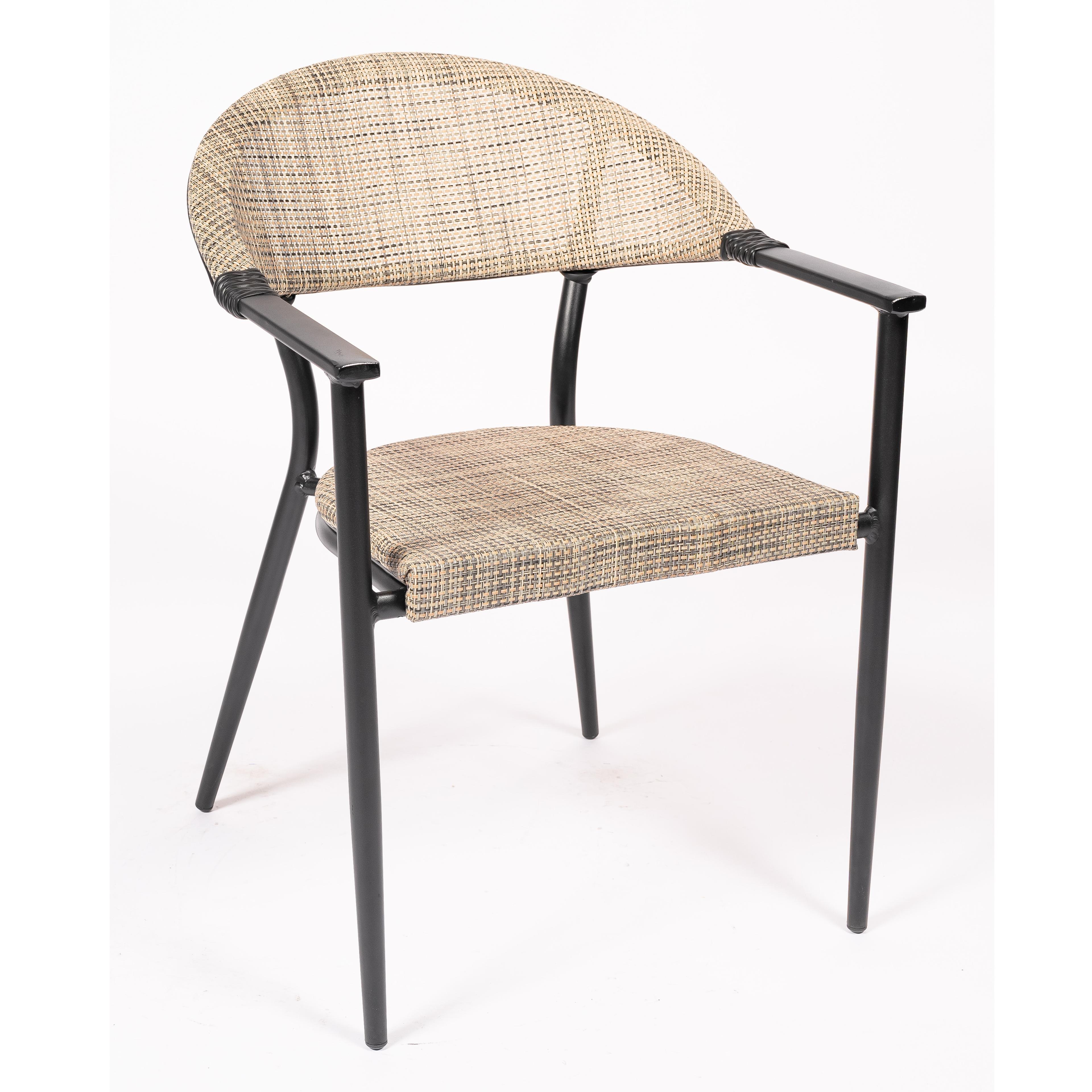 PESARO PESARO | Outdoor Chair in Beige Woven Synthetic Rattan with Armrests – Black Metal Frame – Stackable – Perfect for Garden, Terrace, Café & Restaurant