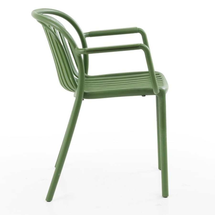 Modern dark green plastic chair with armrests for outdoor use – stackable, durable and ideal for terrace, HORECA and garden spaces