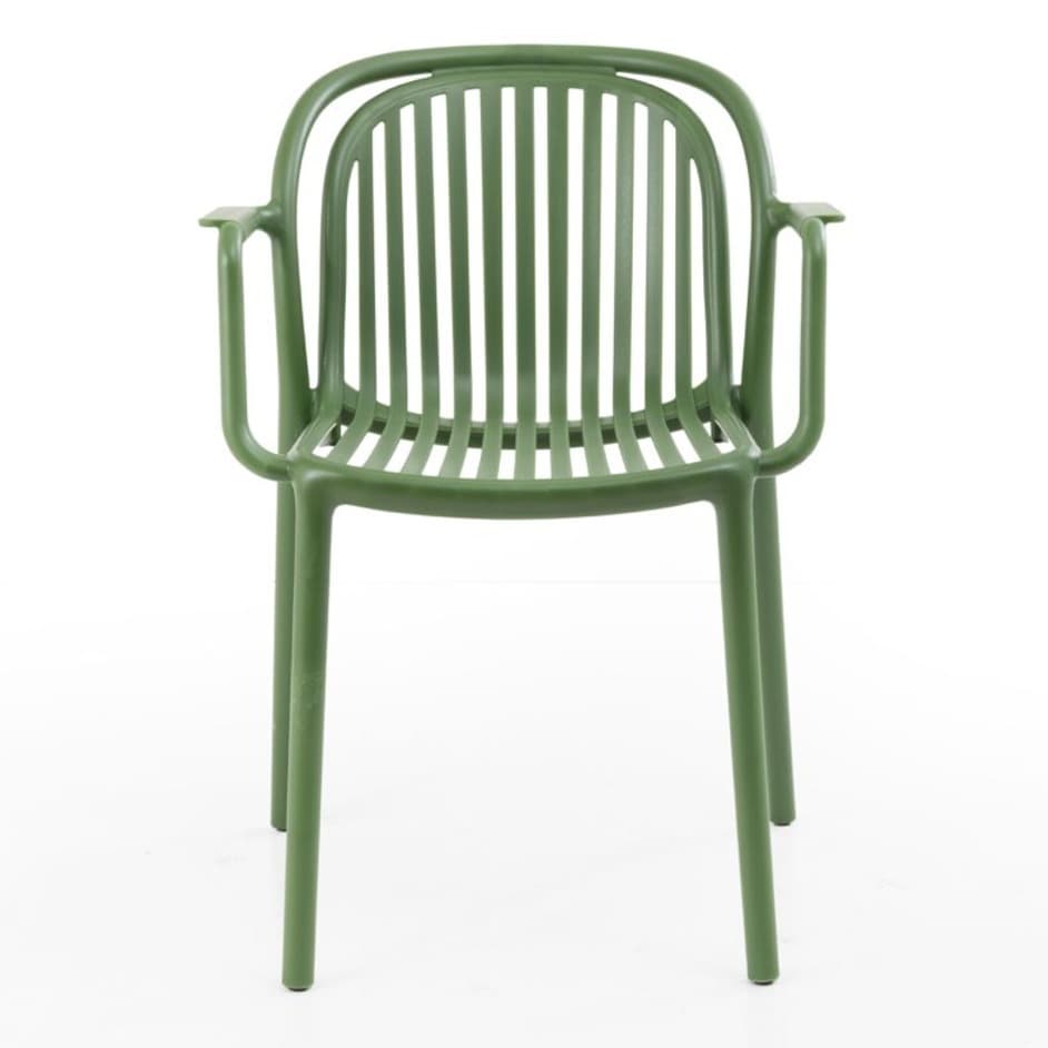 Modern dark green plastic chair with armrests for outdoor use – stackable, durable and ideal for terrace, HORECA and garden spaces