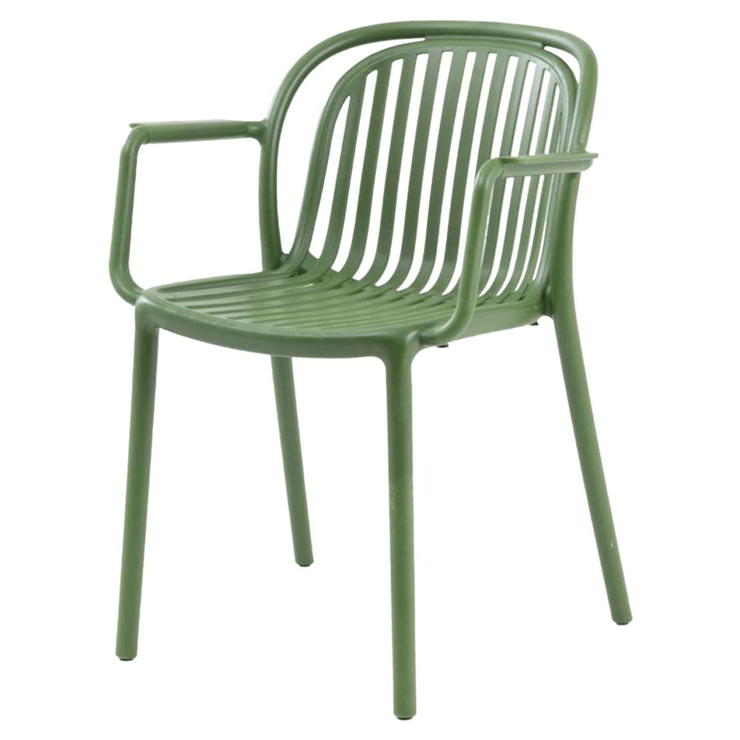 Modern light green plastic chair with armrests for outdoor use – stackable, durable and ideal for terrace, HORECA and garden spaces