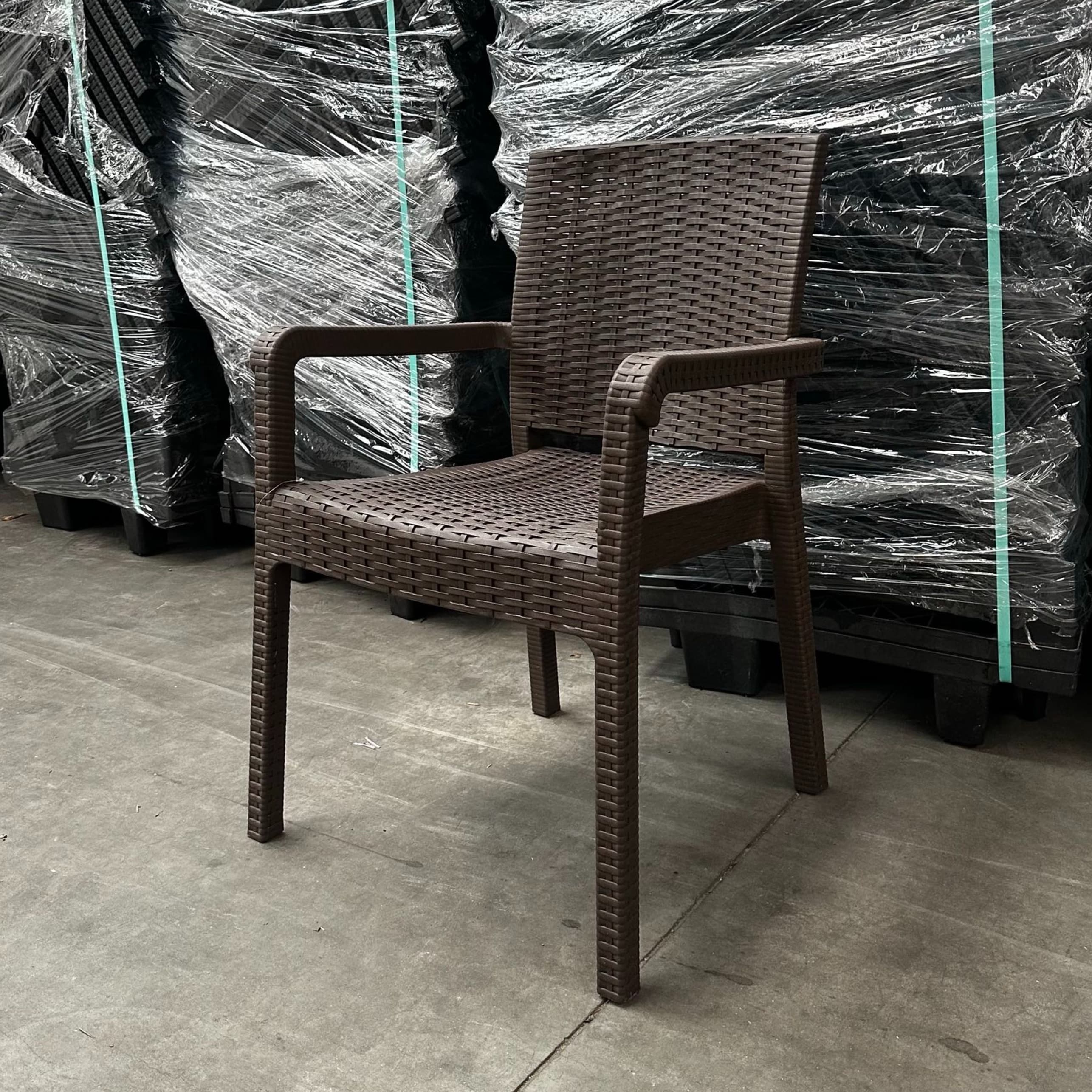 ALEZZO | Brown stackable outdoor terrace chair in woven‑look plastic – with armrests
