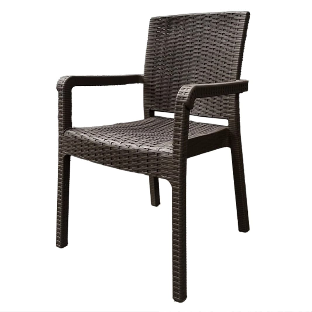 ALEZZO | Brown stackable outdoor terrace chair in woven‑look plastic – with armrests