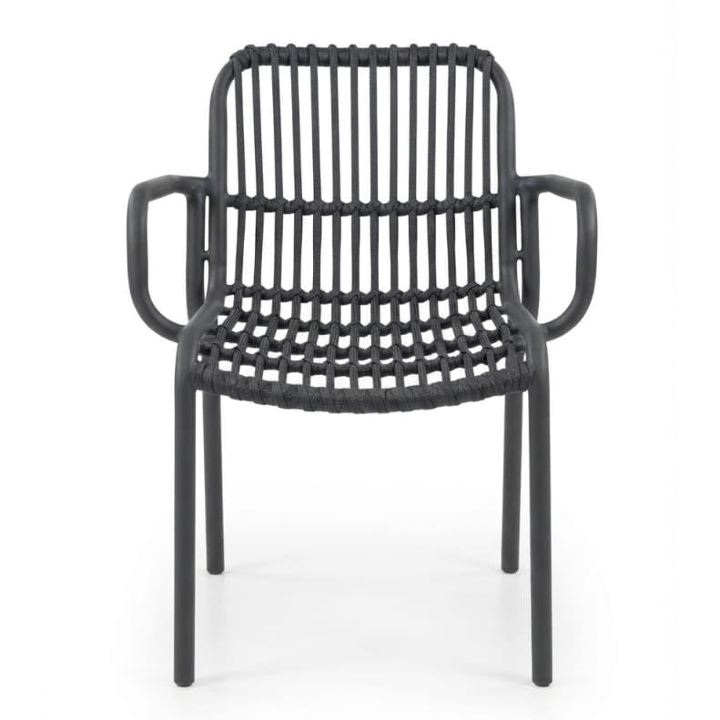 Modern gray chair with rope-woven seat and backrest, featuring armrests – durable, comfortable and ideal for terrace, HORECA and outdoor spaces