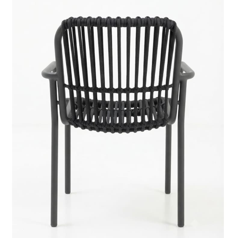 Modern gray chair with rope-woven seat and backrest, featuring armrests – durable, comfortable and ideal for terrace, HORECA and outdoor spaces